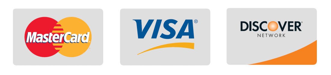 Credit cards accepted Visa, Master Card and Discover